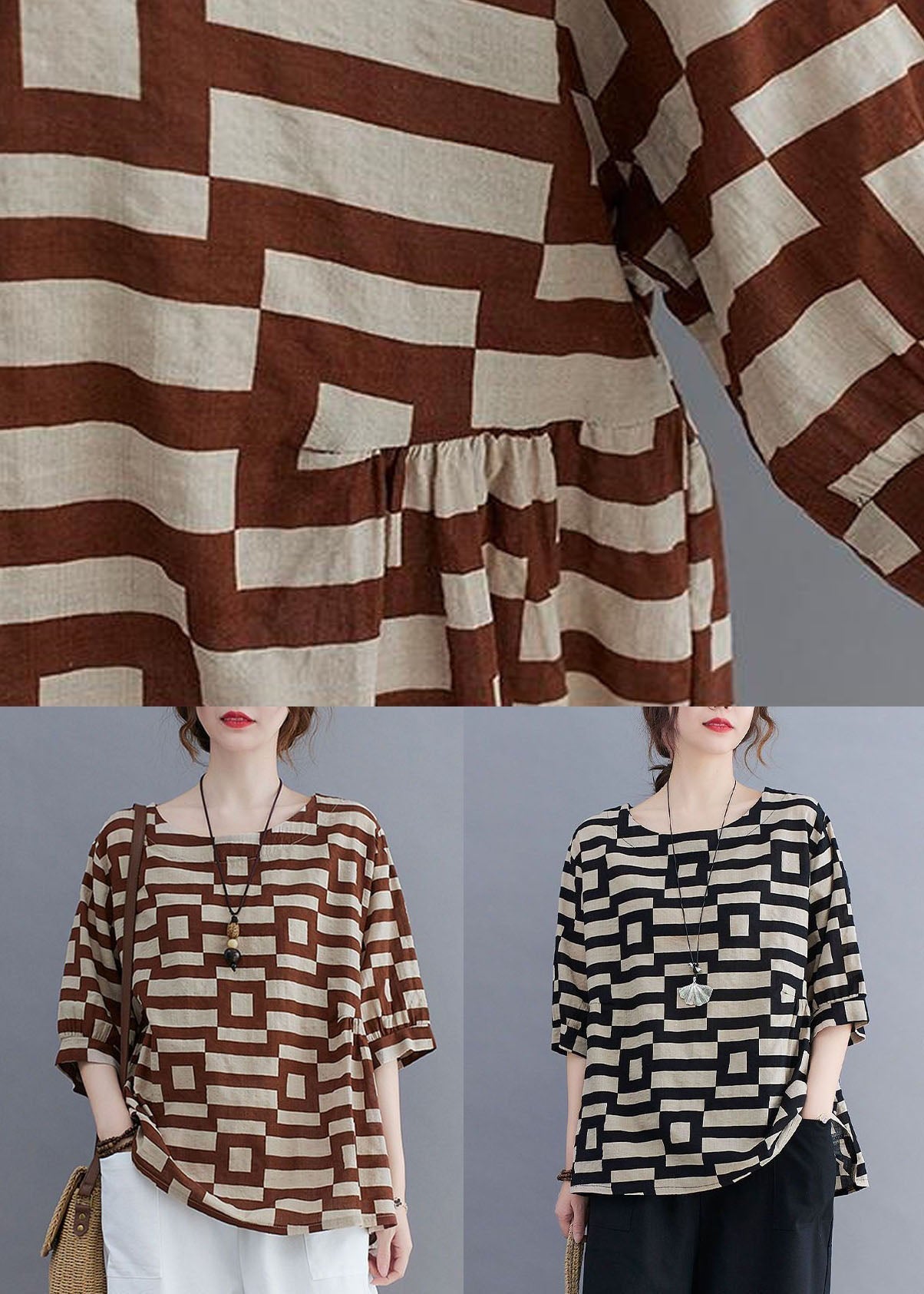 Organic Coffee O-neck Print Patchwork Cotton T Shirt Summer