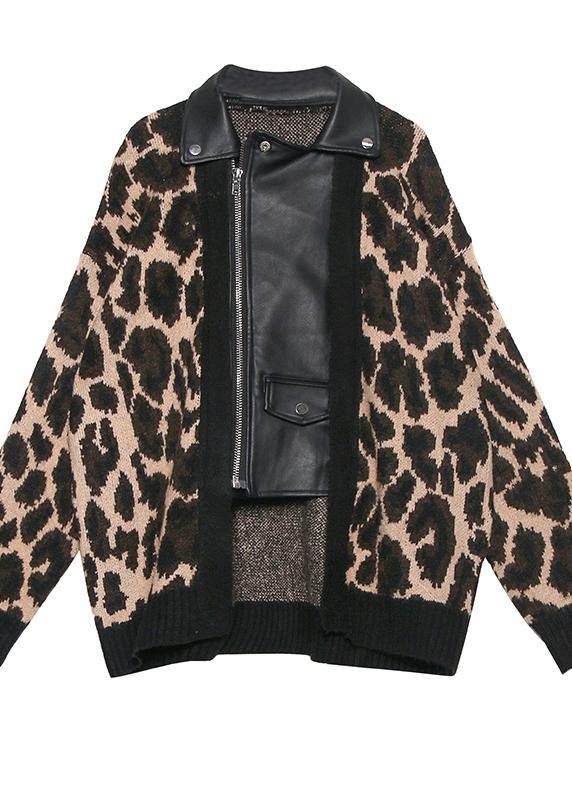 Organic Leopard Coats Cotton Lapel Zippered Outwear