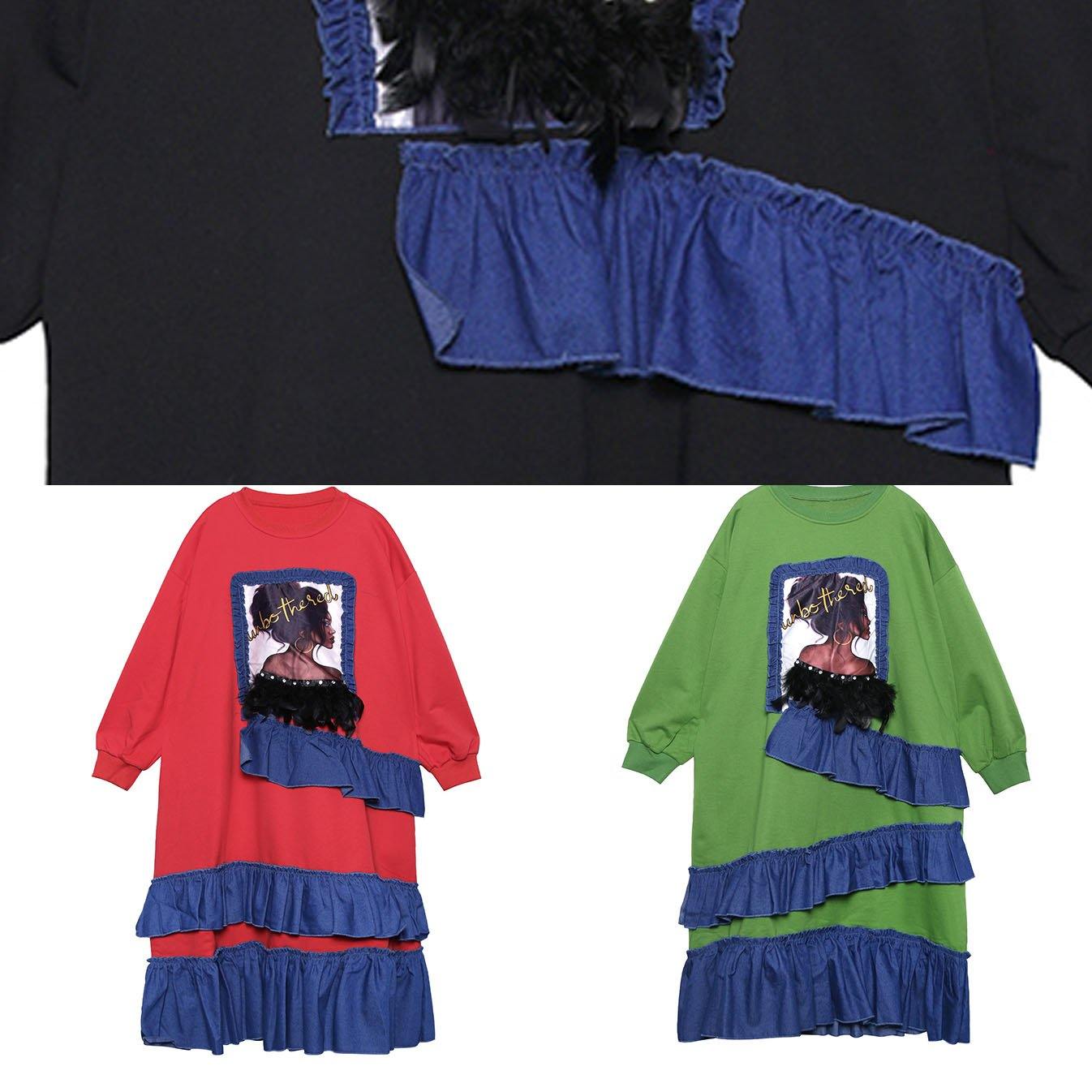 Organic Black Cotton Pattern Ruffles Patchwork Kaftan Dress