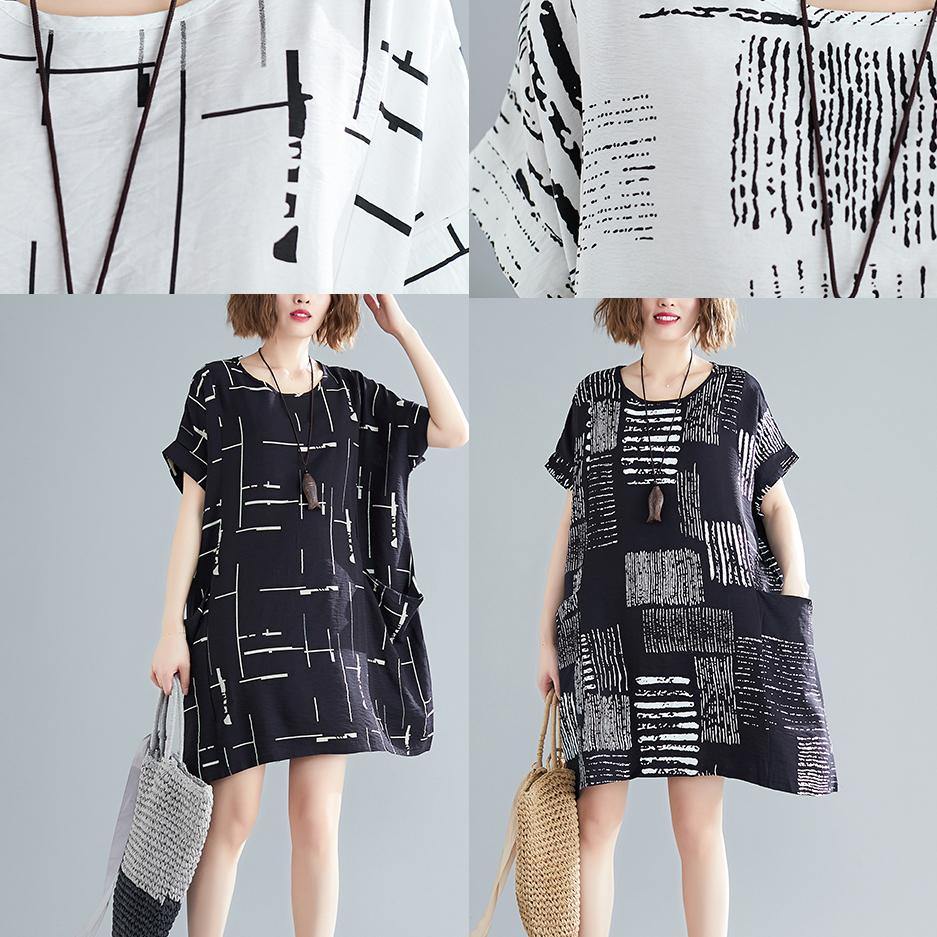 Organic Black Print Cotton Quilting Dresses Korea Outfits O Neck Pockets Short Summer Dresses