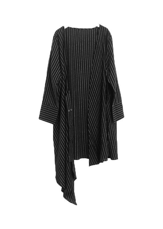 Organic Black Striped Cotton Long Shirts V Neck Asymmetric Maxi Dresses