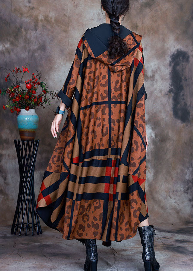 Organic Chocolate Hooded Button Print Patchwork Trench Coats Spring