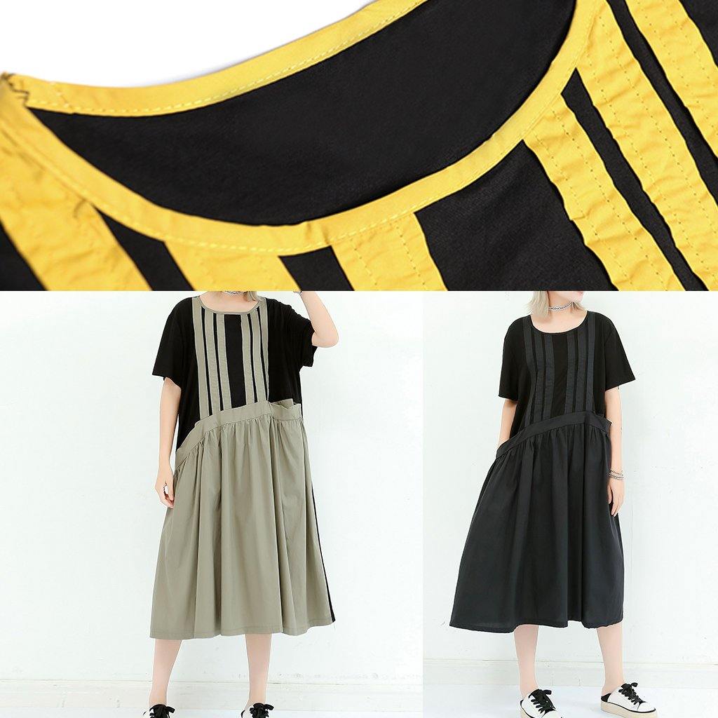 Organic Gray Green Cotton Dresses O Neck Patchwork Cotton Summer Dress