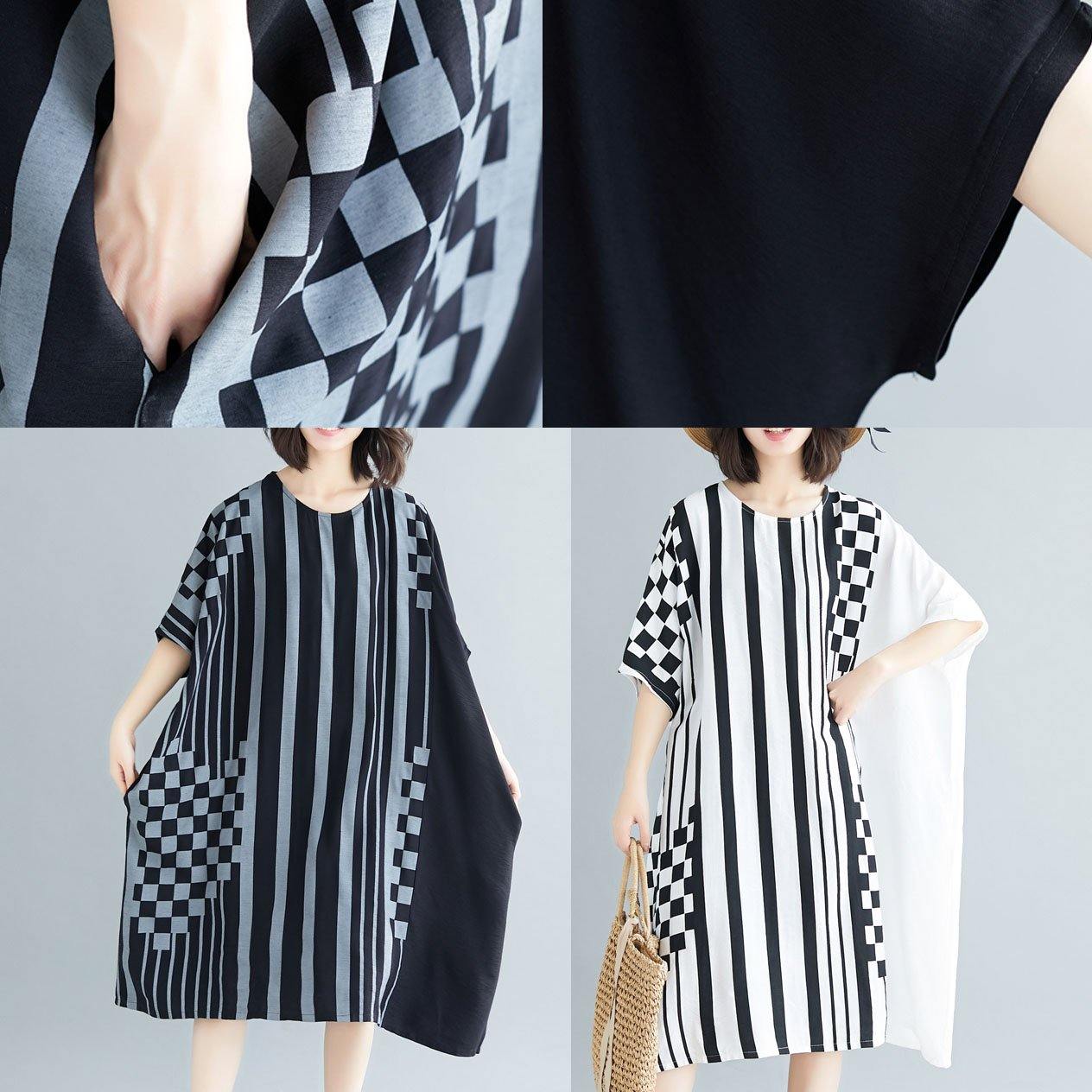 Organic O Neck Asymmetric Cotton White Striped Dress Summer