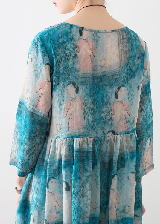 Organic O Neck Cinched Linen Clothes for Catwalk Blue Lady Figure Print Dress