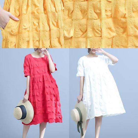 Organic Yellow Pleated Cotton Clothes Loose Short Sleeve Summer Dress