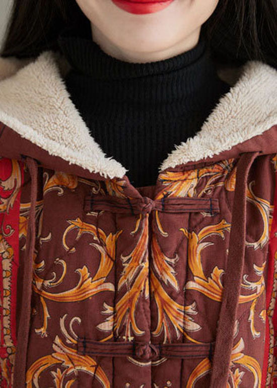 Oriental Red Hooded Embroideried Warm Fleece Fine Cotton Filled Coats Winter