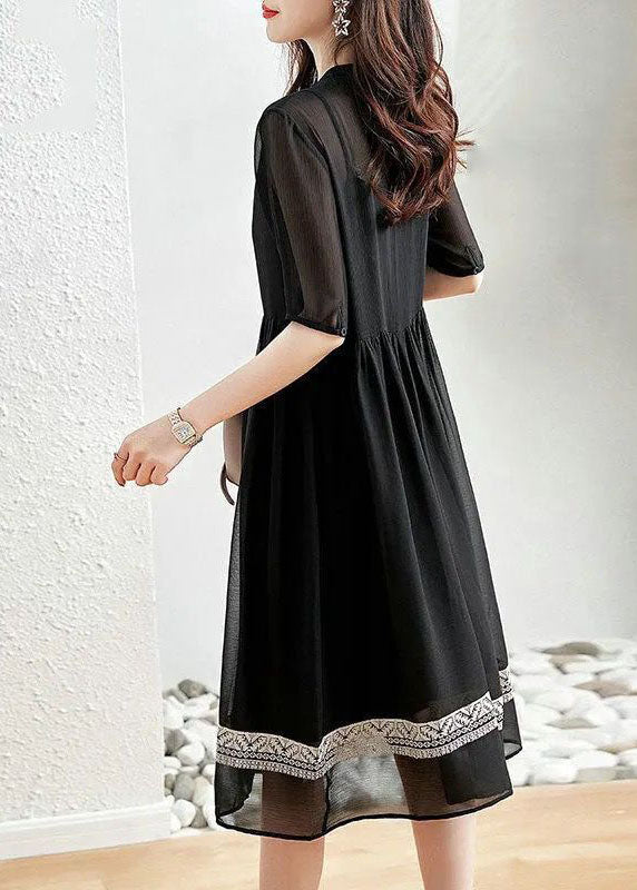 Original Design Black O-neck Patchwork Chiffon Dress Summer