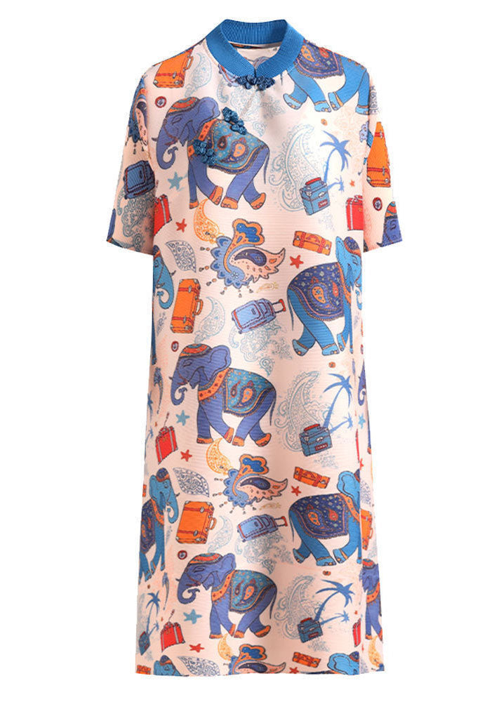 Original Design Blue Animal Print Stand Collar Oriental Button Silk a Line Dress Short Sleeve