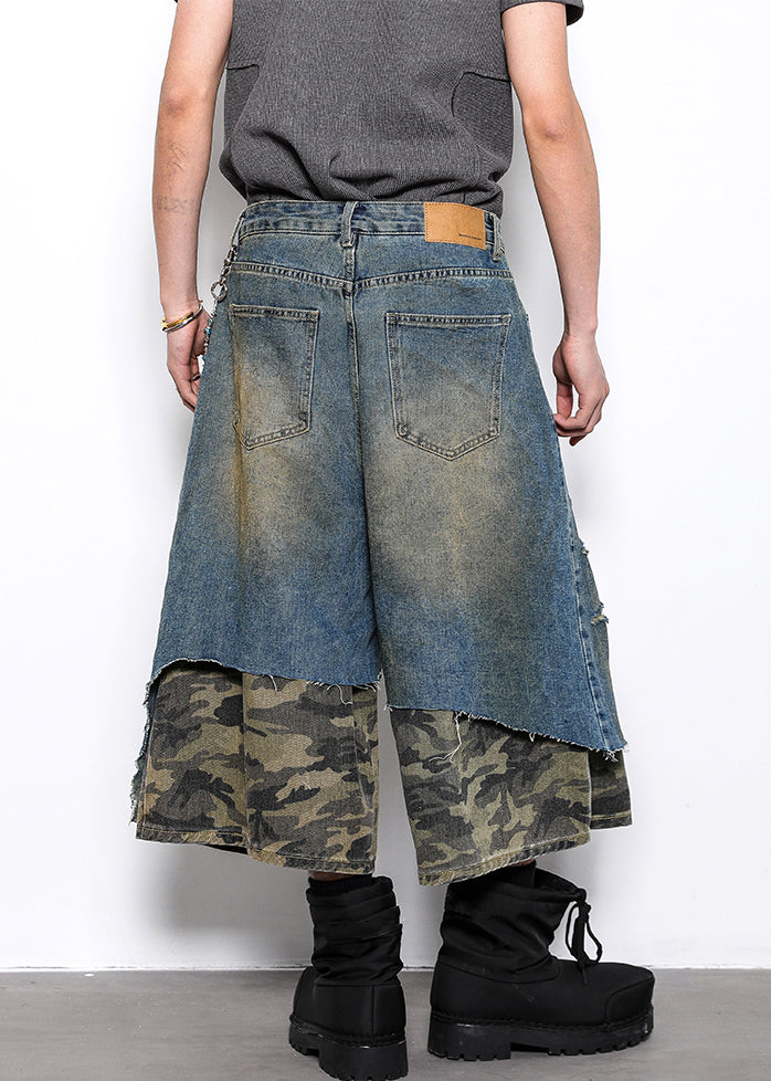 Original Design Camouflage Hole Patchwork Denim Crop Pants Summer