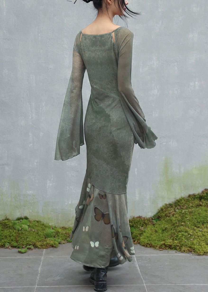 Original Design Green O-neck Butterfly Tulle Maxi Dresses Flare Sleeve