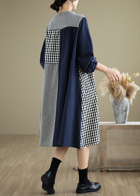 Original O-neck Lace Patchwork Plaid Long Dresses Fall