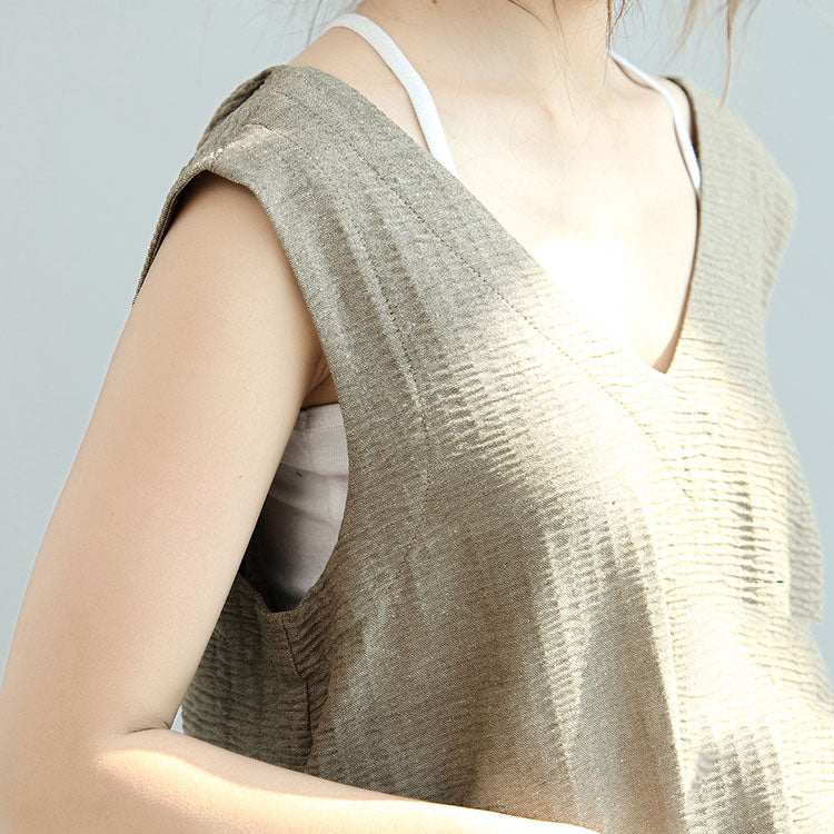 Original Khaki Linen Dresses V Neck Sundress Sleeveless Maxi Dress