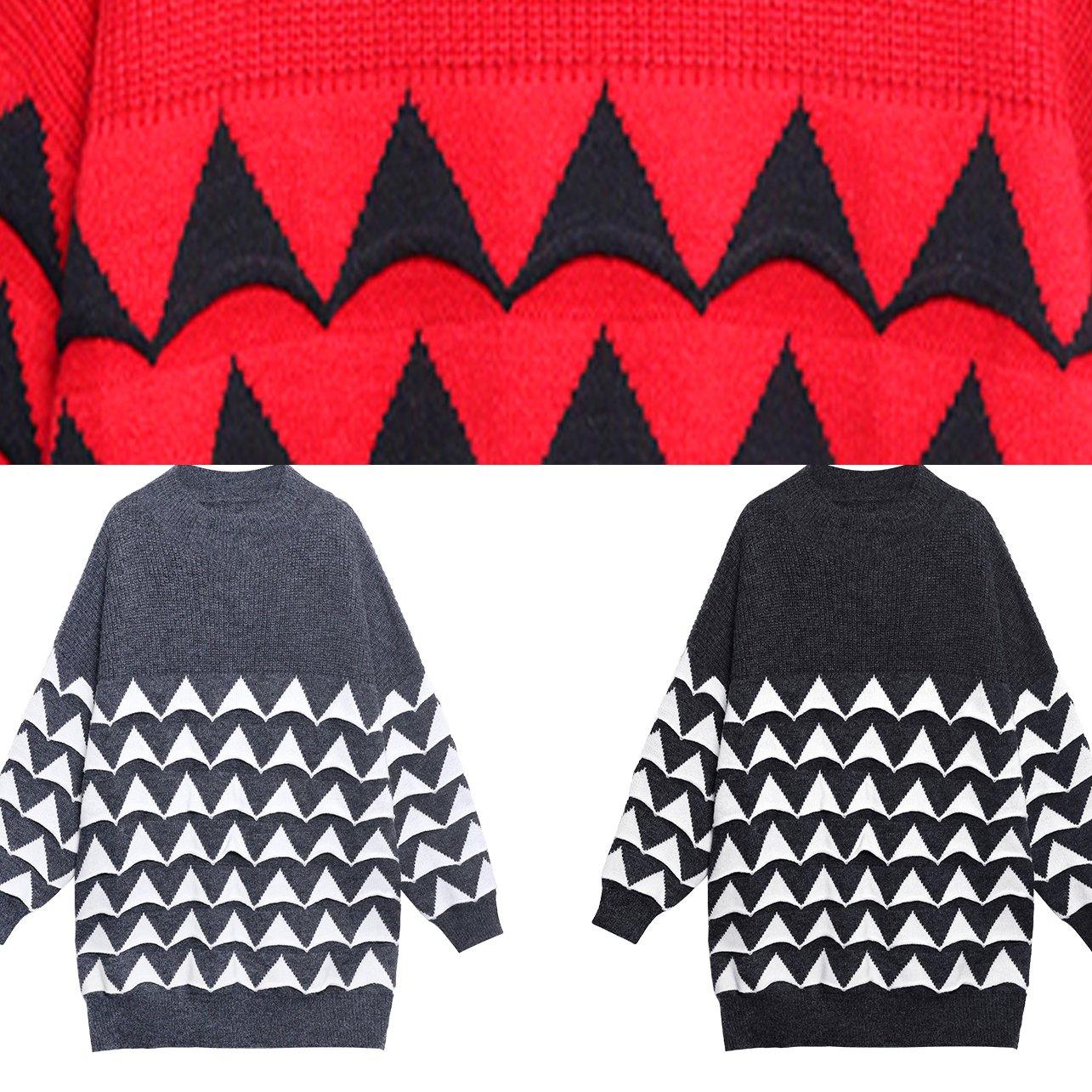 Oversized Black Geometric Knit Top Silhouette O Neck Sweaters