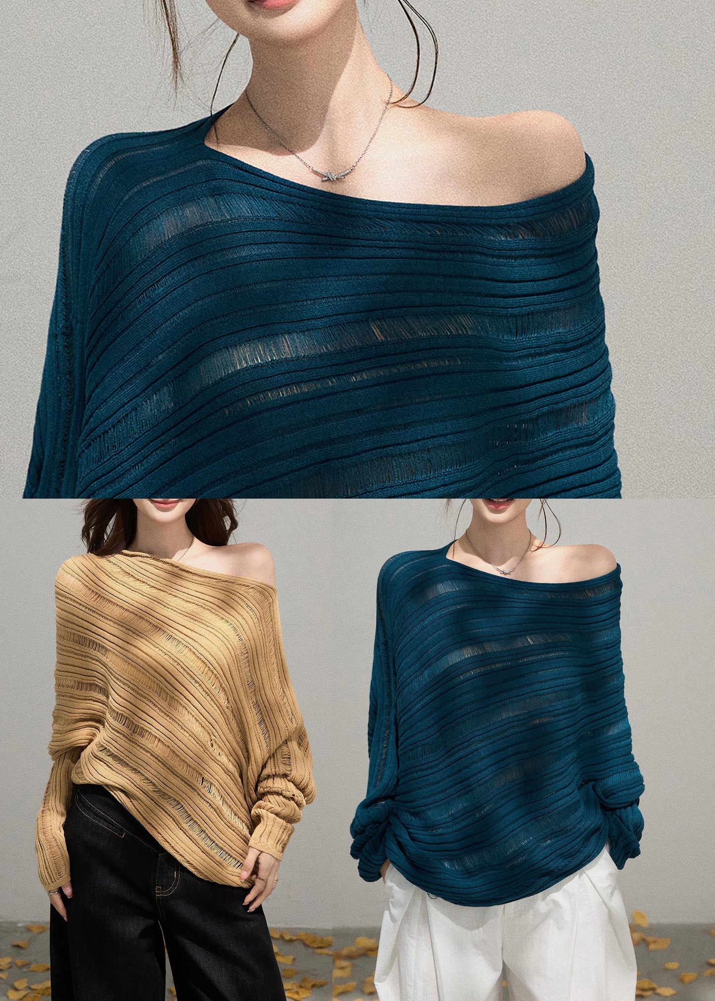 Peacock Blue Knit Sweaters Cold Shoulder Hollow Out Fall