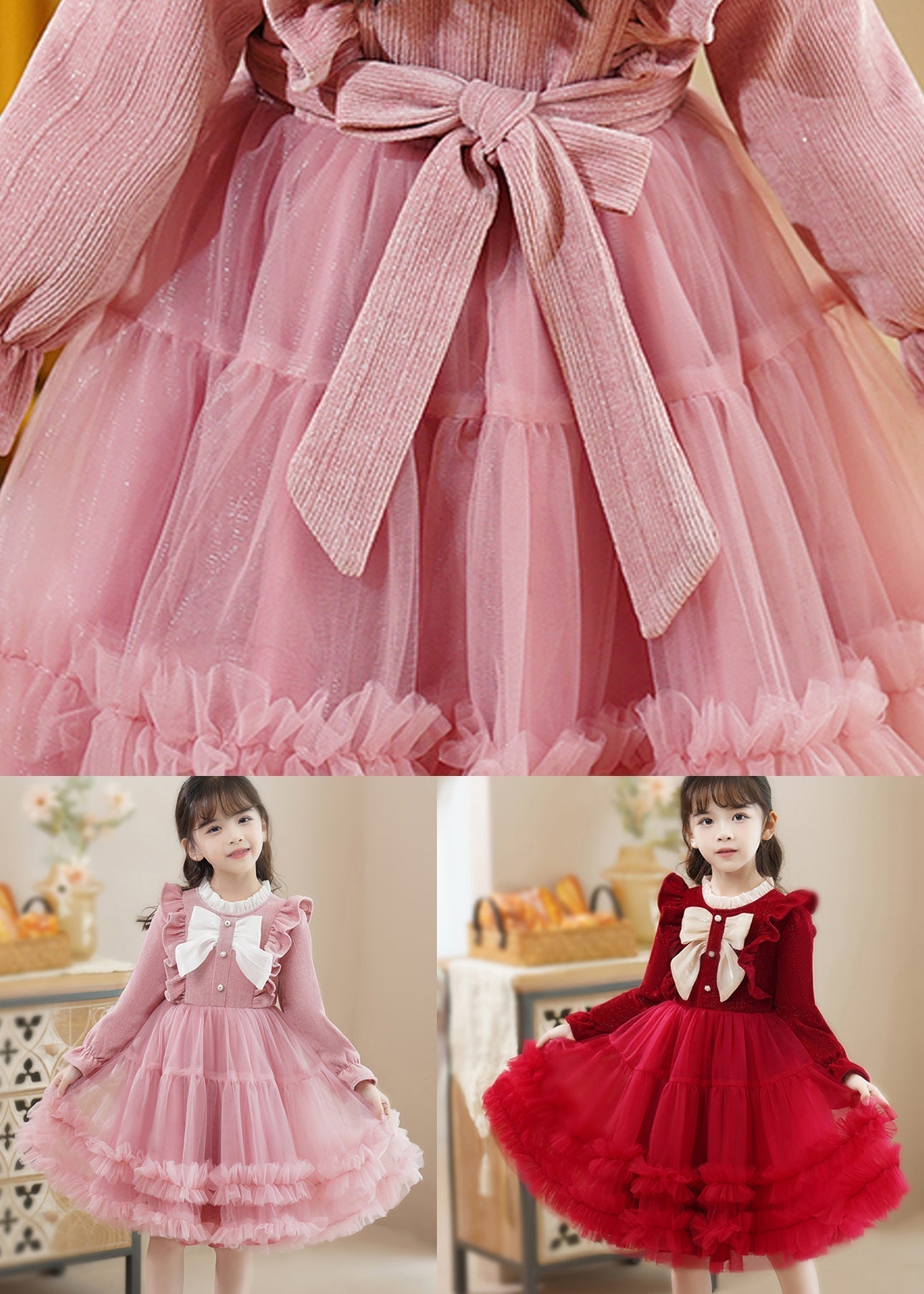 Pink Bow Patchwork Tulle Baby Princess Dress Ruffled Fall