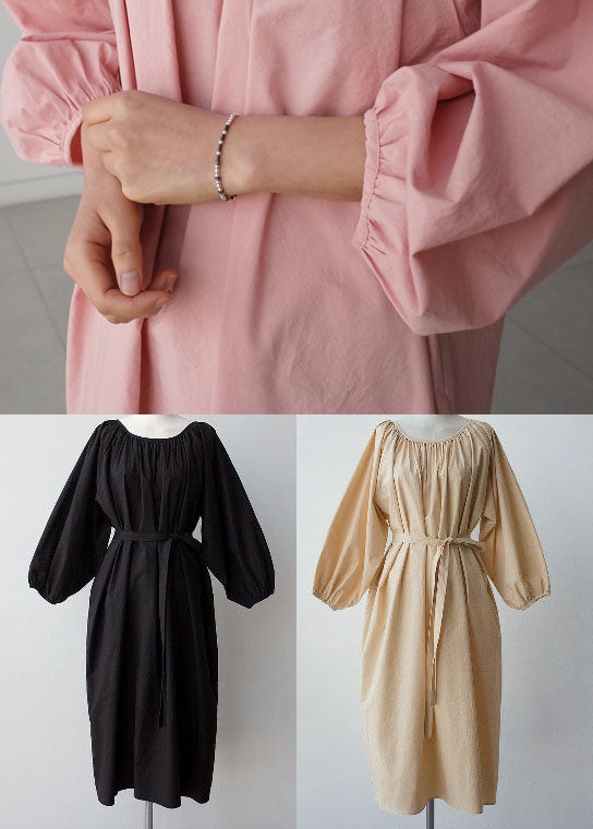 Pink Cotton O-neck Wrinkled Maxi Dress Three Quarter Sleeve