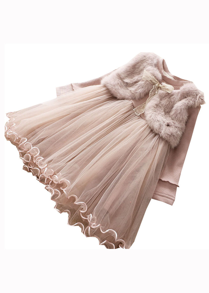 Pink Patchwork Tulle Kids Princess Dress Ruffled Nail Bead Fall