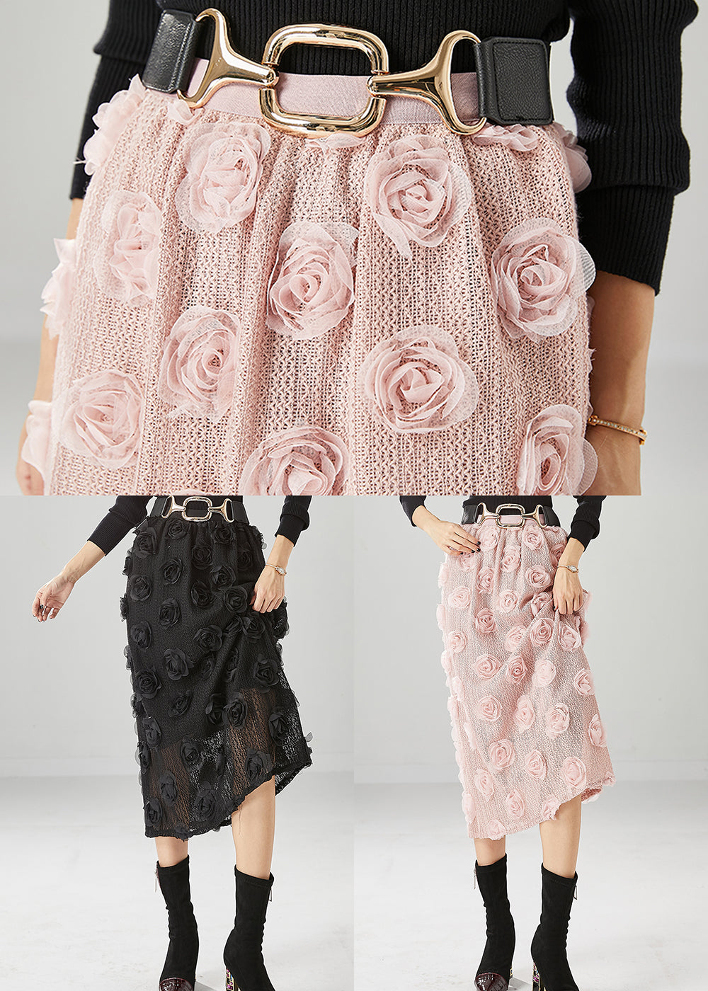 Pink Silm Fit Knit Skirts Three-dimensional Fall