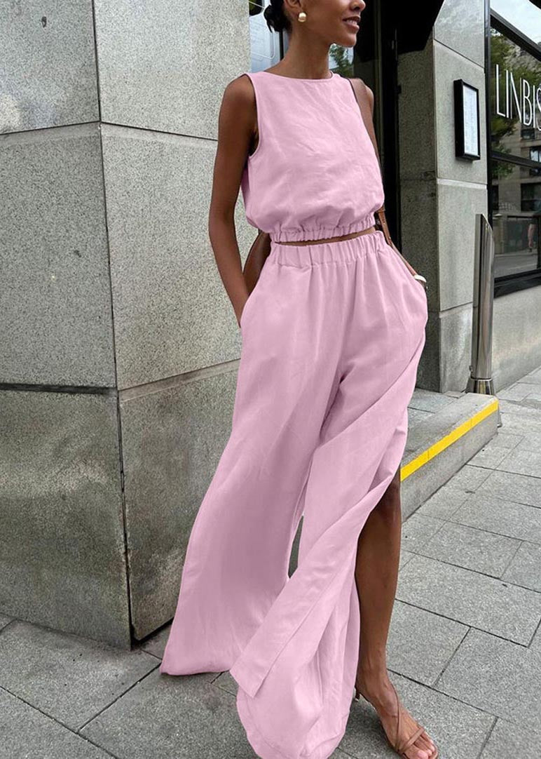 Pink Silm Fit Linen Vests and Side Open Straight Pants Two-piece Set Summer