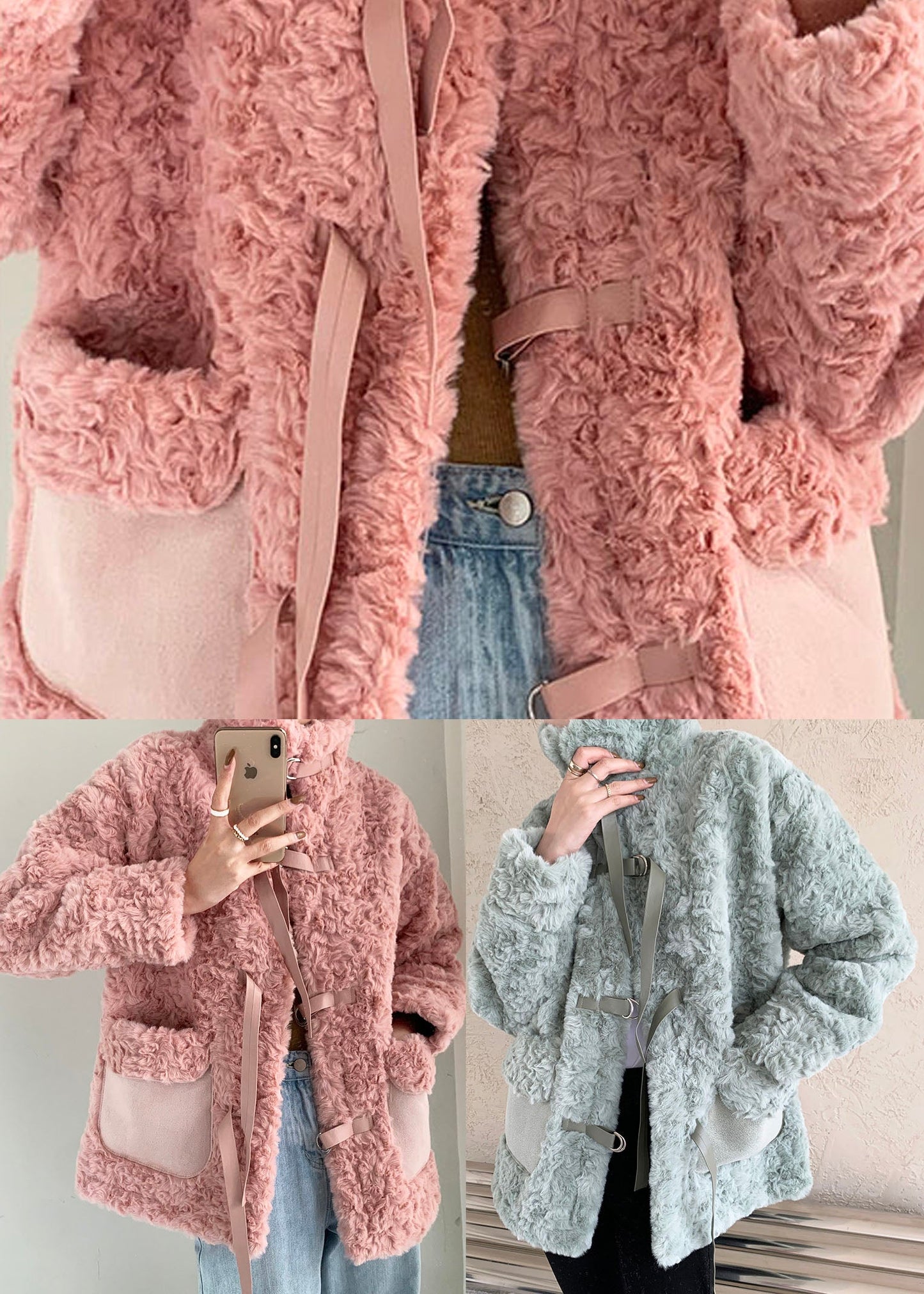 Pink Stand Collar Tie Faux Fur Coat Winter