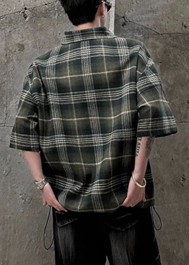 Plaid Green Zippered Cotton Pullover Shirt Half Sleeve
