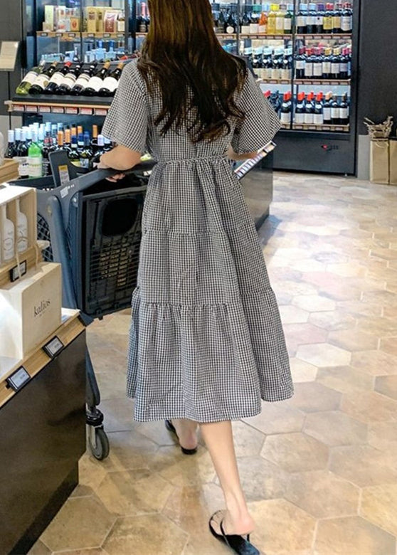 Plaid Knotted Ruffle Round Neck Short Sleeve Maxi Dress