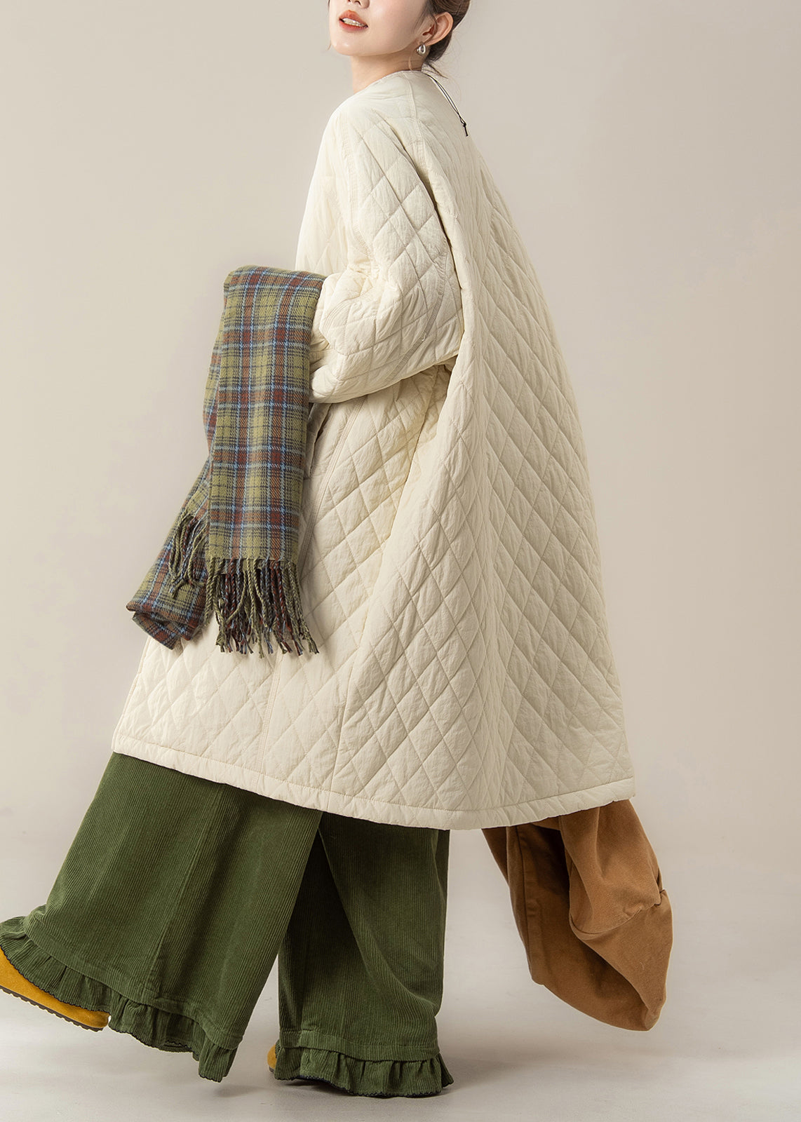 Apricot O Neck Plaid Pockets Cotton Filled Parka Winter