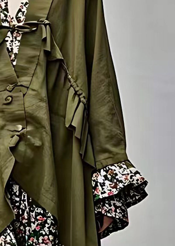Army Green V Neck Patchwork Tie Waist Coats Fall