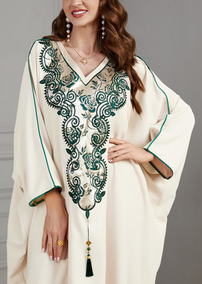 Beige Printing Tasseled Cotton Dresses Batwing Sleeve