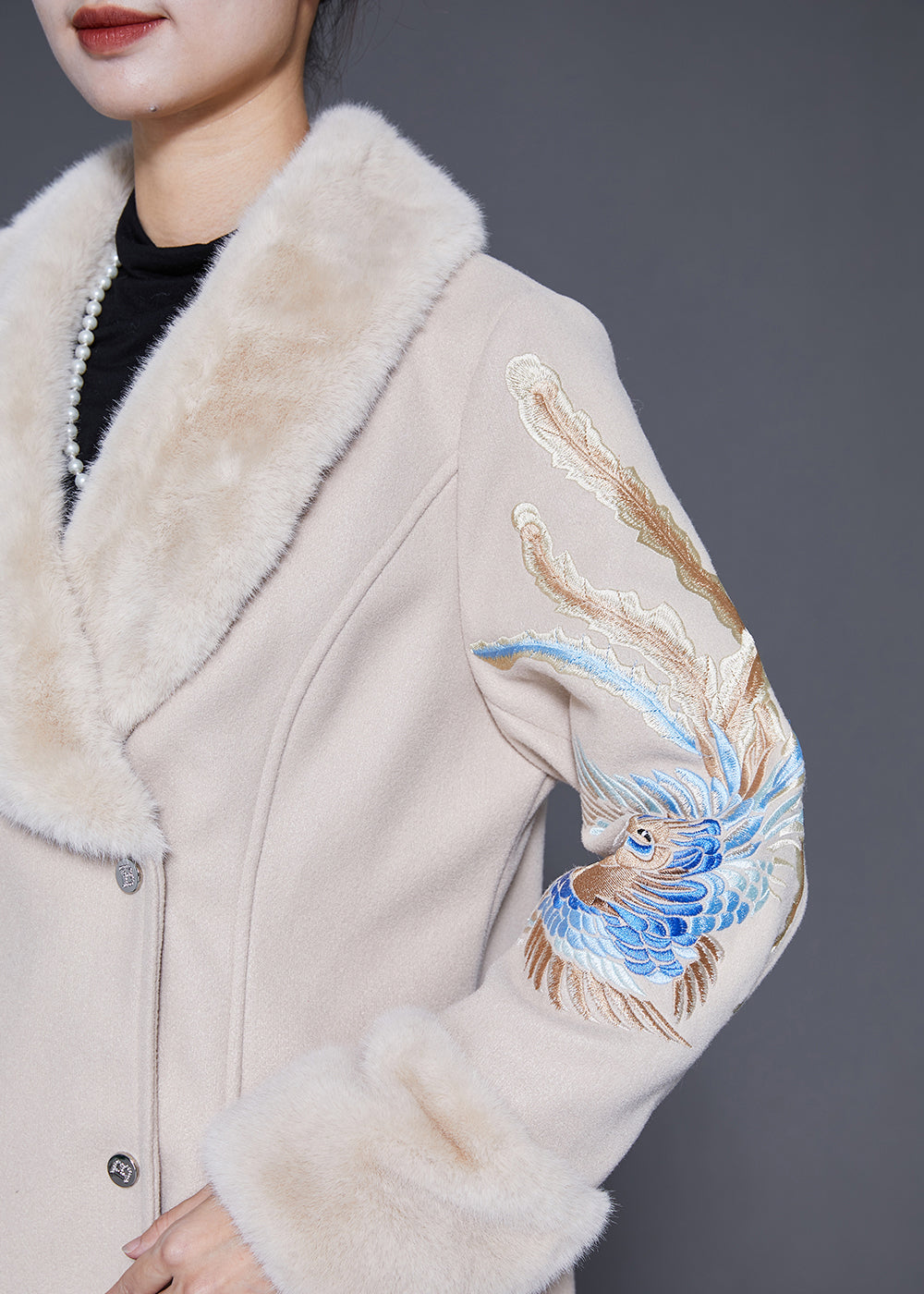 Beige Fur Collar Embroideried Double Breast Woolen Trench Winter