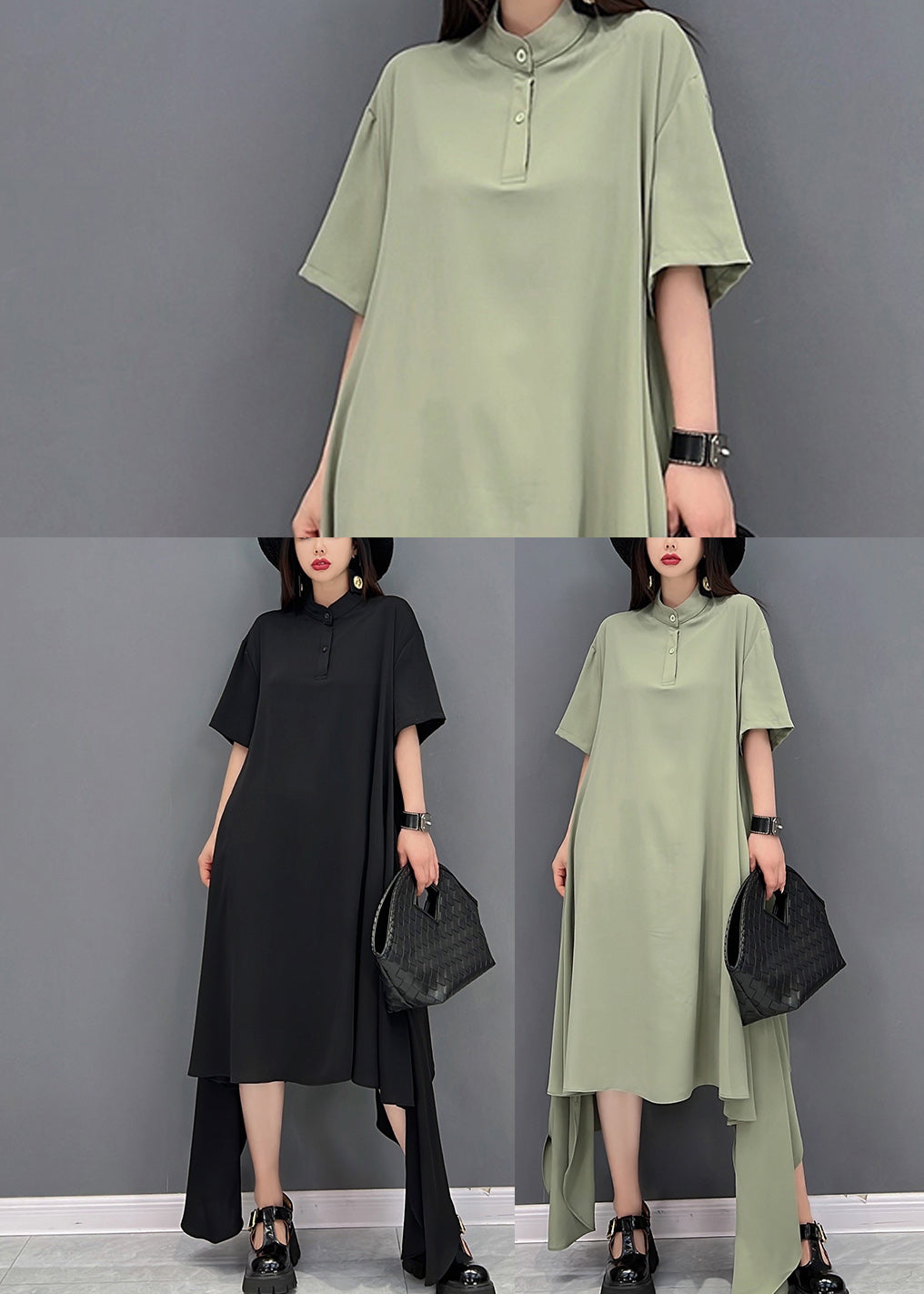Black Asymmetrical Design Chiffon Long Dresses Short Sleeve