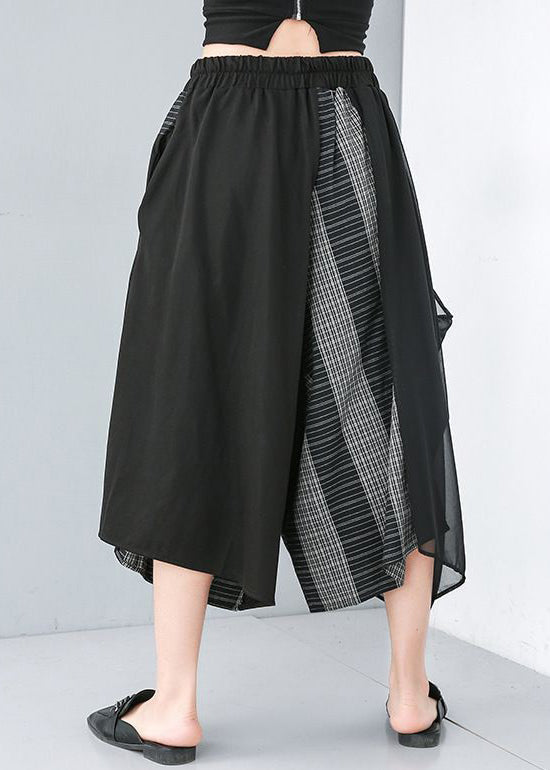 Black Asymmetrical Design Elastic Waist Wide Leg Pants Summer