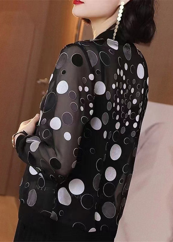 Black Dot Print Zippere Chiffon Sunscreen Coat Long Sleeve