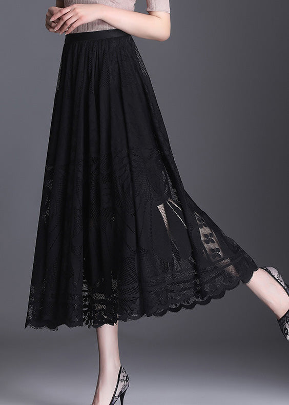 Black High Waist Lace Patchwork Hollow Out Tulle Maxi Skirt Spring