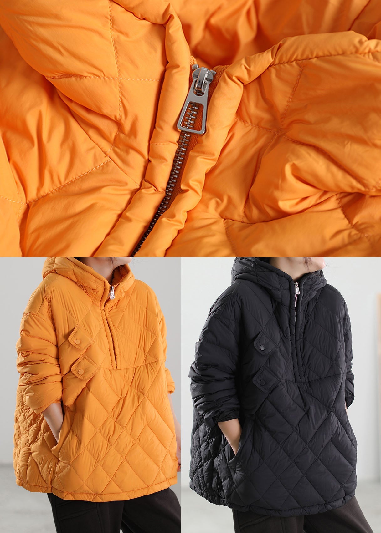 Black Hooded Patchwork Duck Down Down Coat Winter