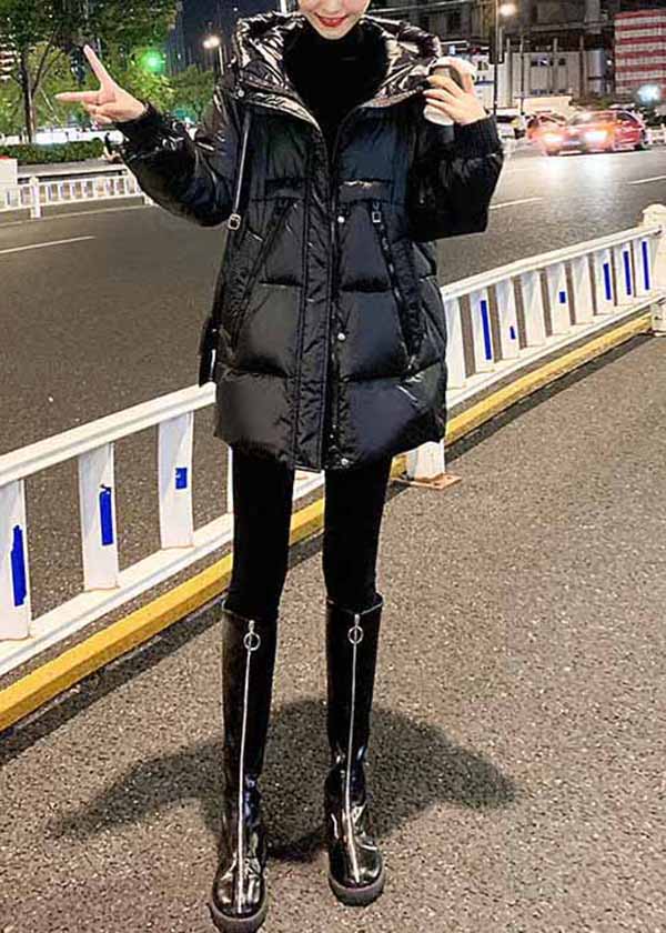 Black Hooded Pockets Fine Cotton Filled Parkas Winter