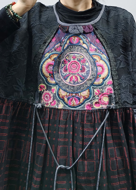 Black O-neck Embroideried Patchwork Jacquard Long Dress Long Sleeve