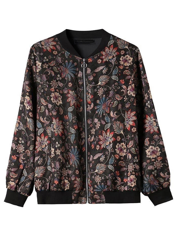 Black O Neck Zip Up Pockets Silk Coats Long Sleeve
