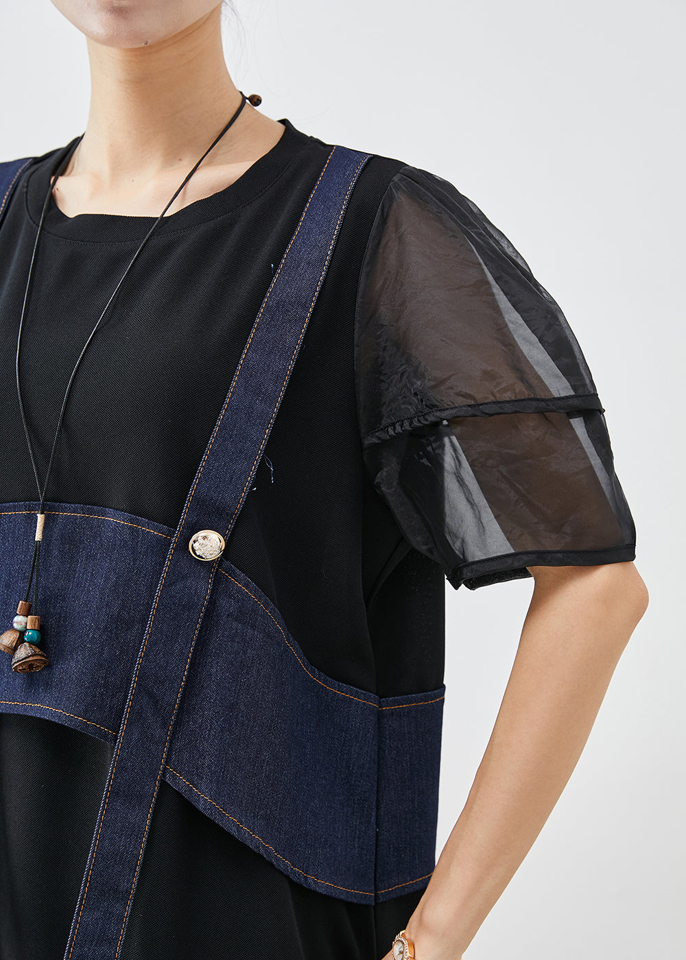 Black Patchwork Fake Two Piece Cotton Holiday Dress Puff Sleeve