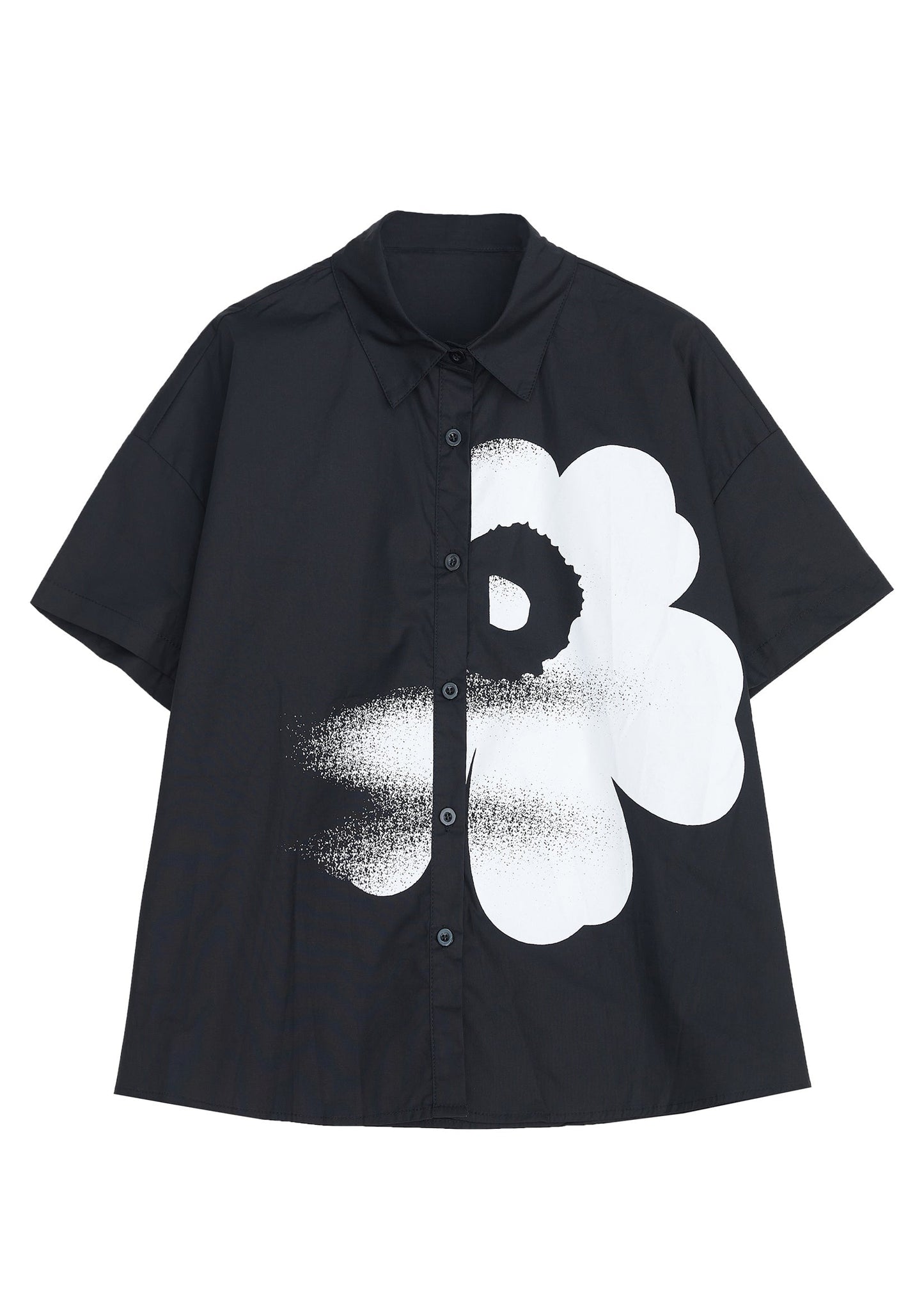 Black Peter Pan Collar Print Cotton Shirt Tops Summer