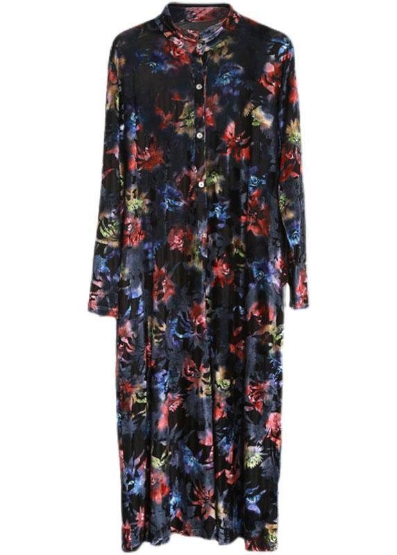 Black Print Button Pockets Vacation Dresses Fall
