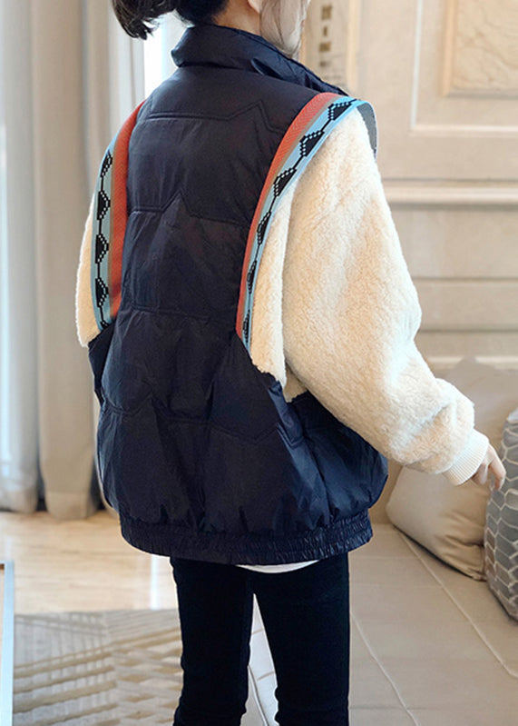 Black Stand Collar Zippered Faux Fur Patchwork Fake Two Pieces Down Coat Winter