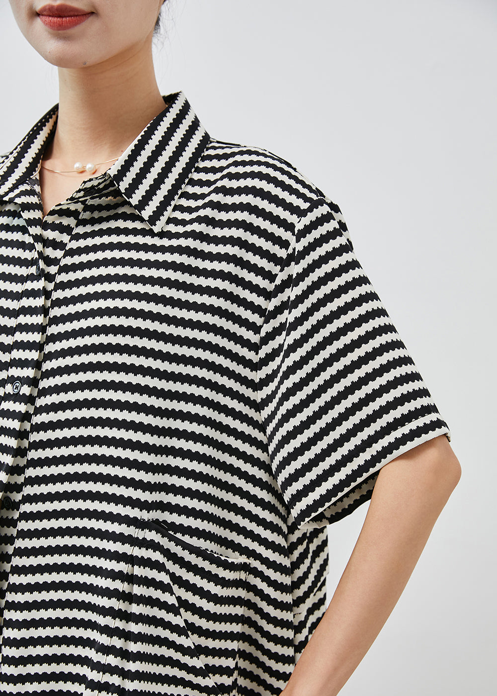 Black Striped Patchwork Pockets Chiffon Blouse Tops Summer