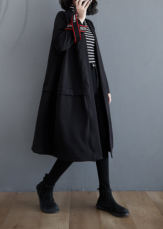 Black V Neck Pockets Cotton Trench Coat Fall