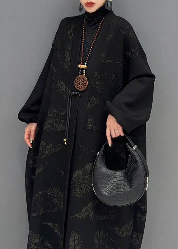 Black V Neck Print Button Maxi Coat Fall