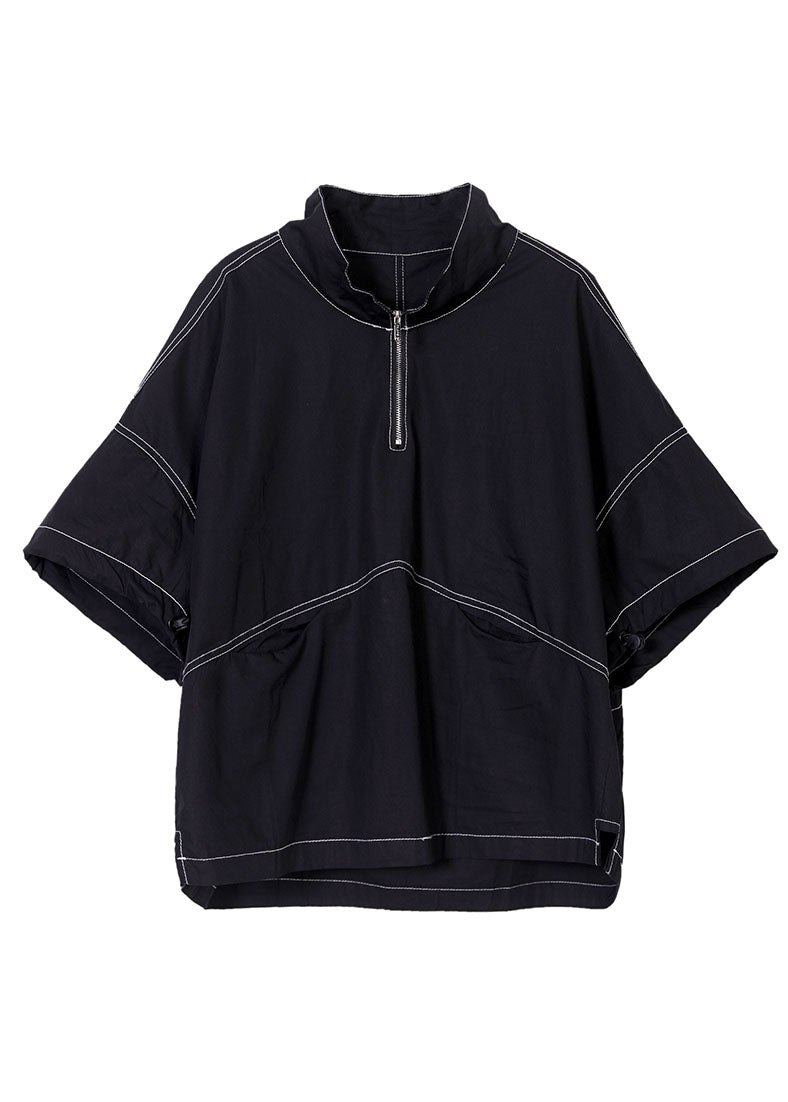 Black Zip Up Drawstring Cotton Sweatshirt Short Sleeve