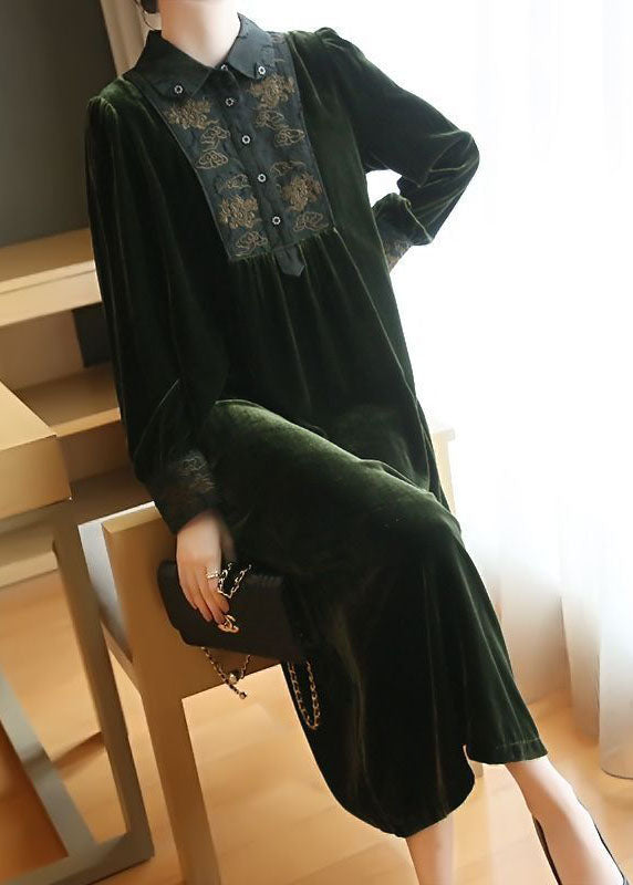 Blackish Green Embroideried Patchwork Silk Velour Party Dress Spring