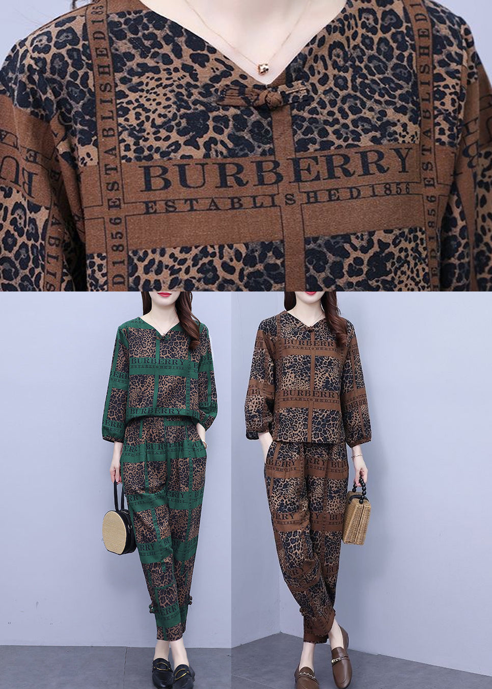 Blackish Green Print Top and Crop Pants Two Pieces Set Long Sleeve