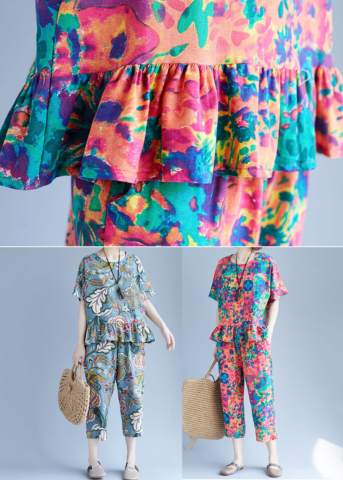 Blue O-neck Cotton Tops and Crop Pants Two Pieces Set Spring